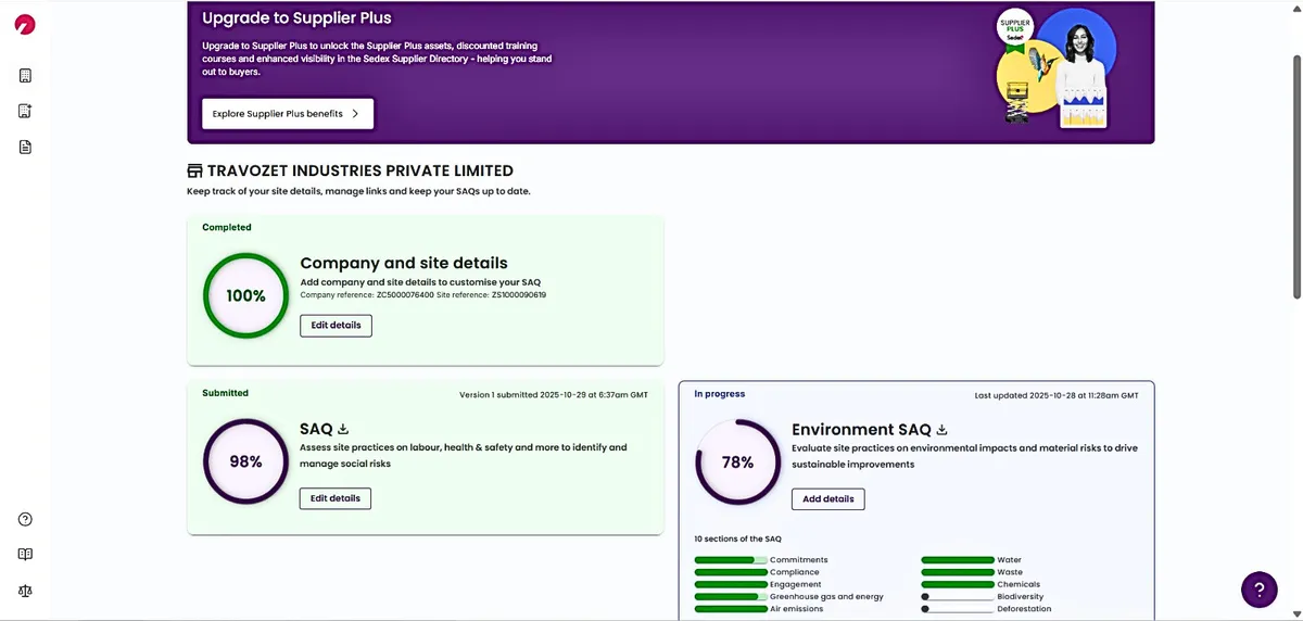 Sedex supplier profile dashboard for Travozet Industries