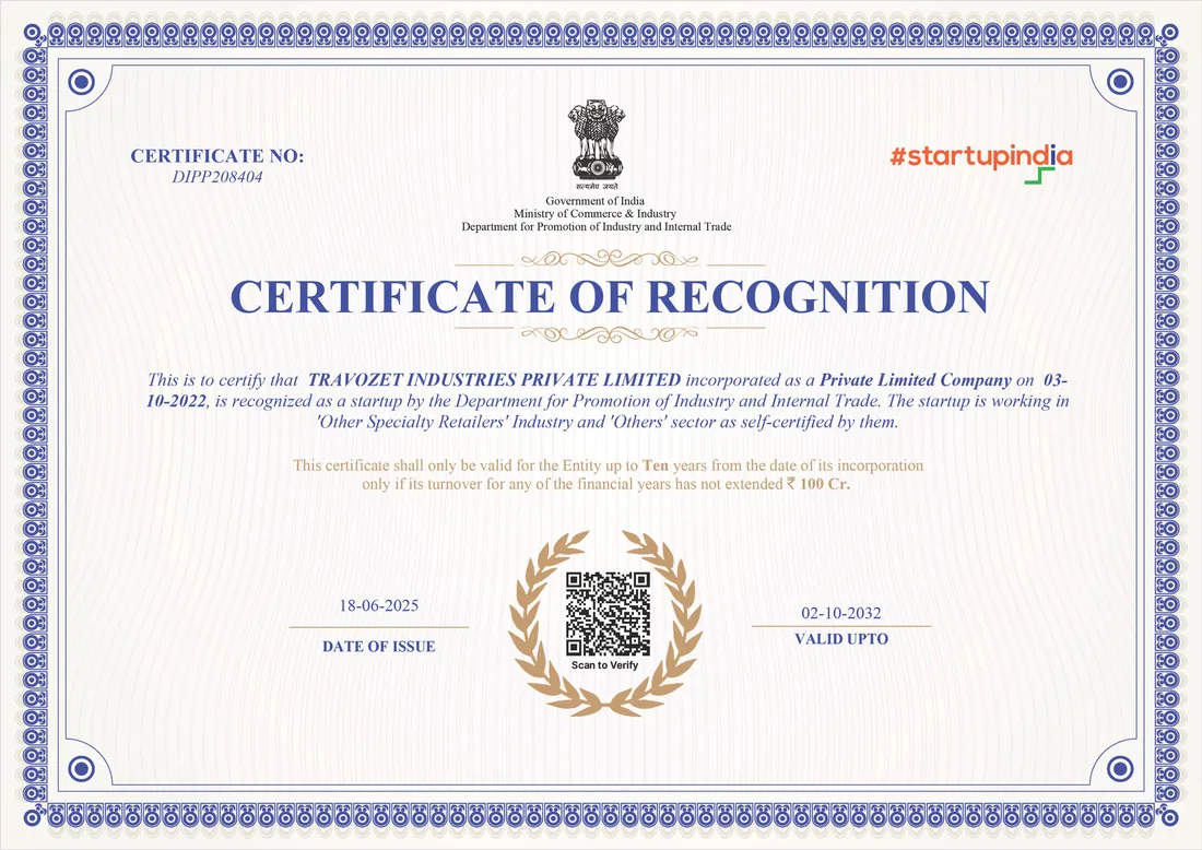 Startup India certificate of recognition for Travozet Industries